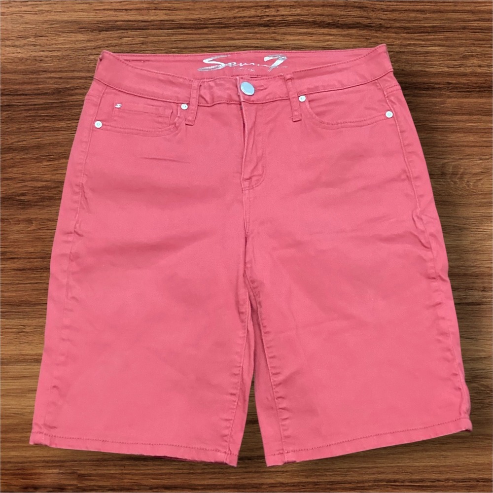 Seven7 Sunset Bermuda Shorts Womens 6 Red Stretch Denim Mid Rise Casual